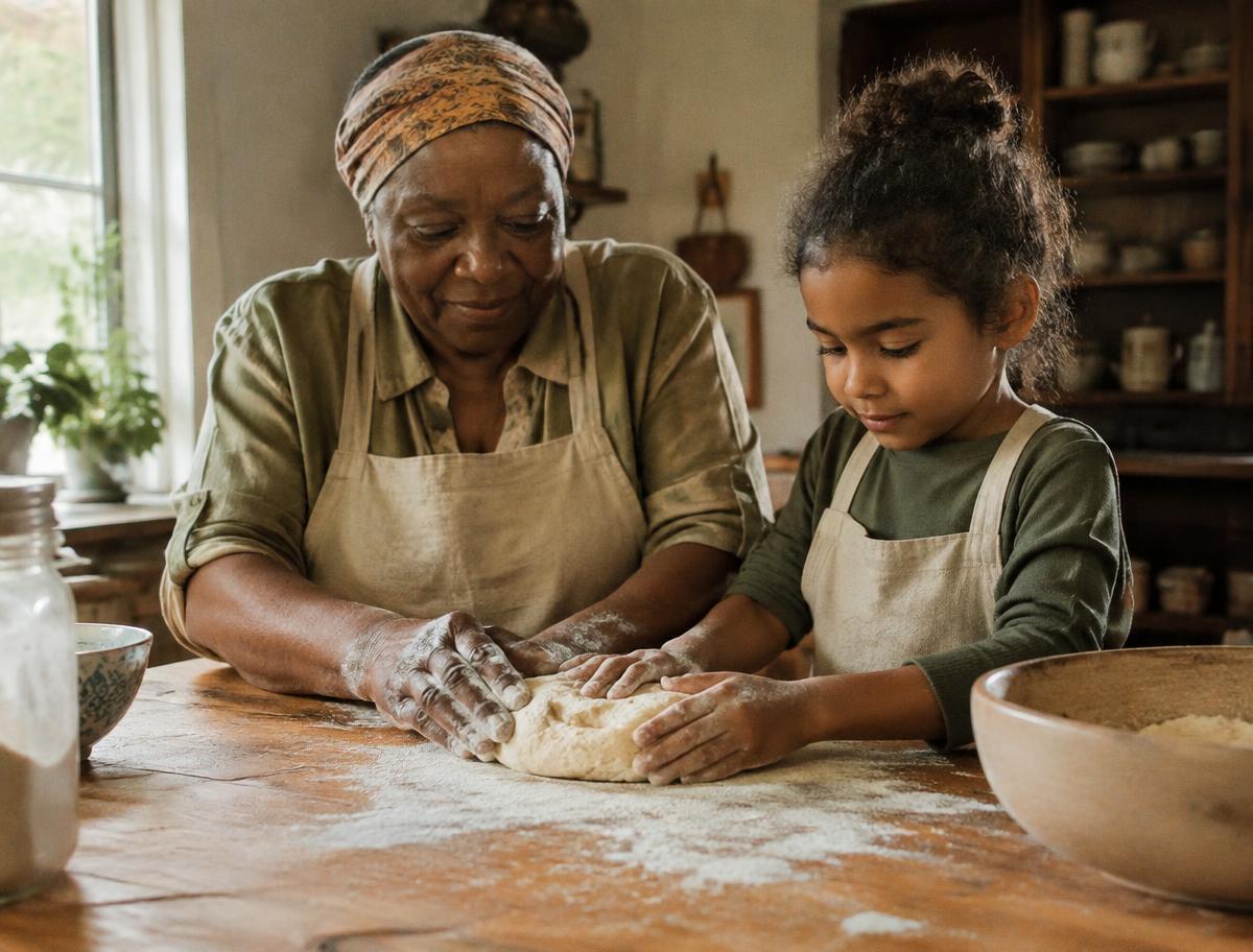 An older woman and a young woman kneading dough together