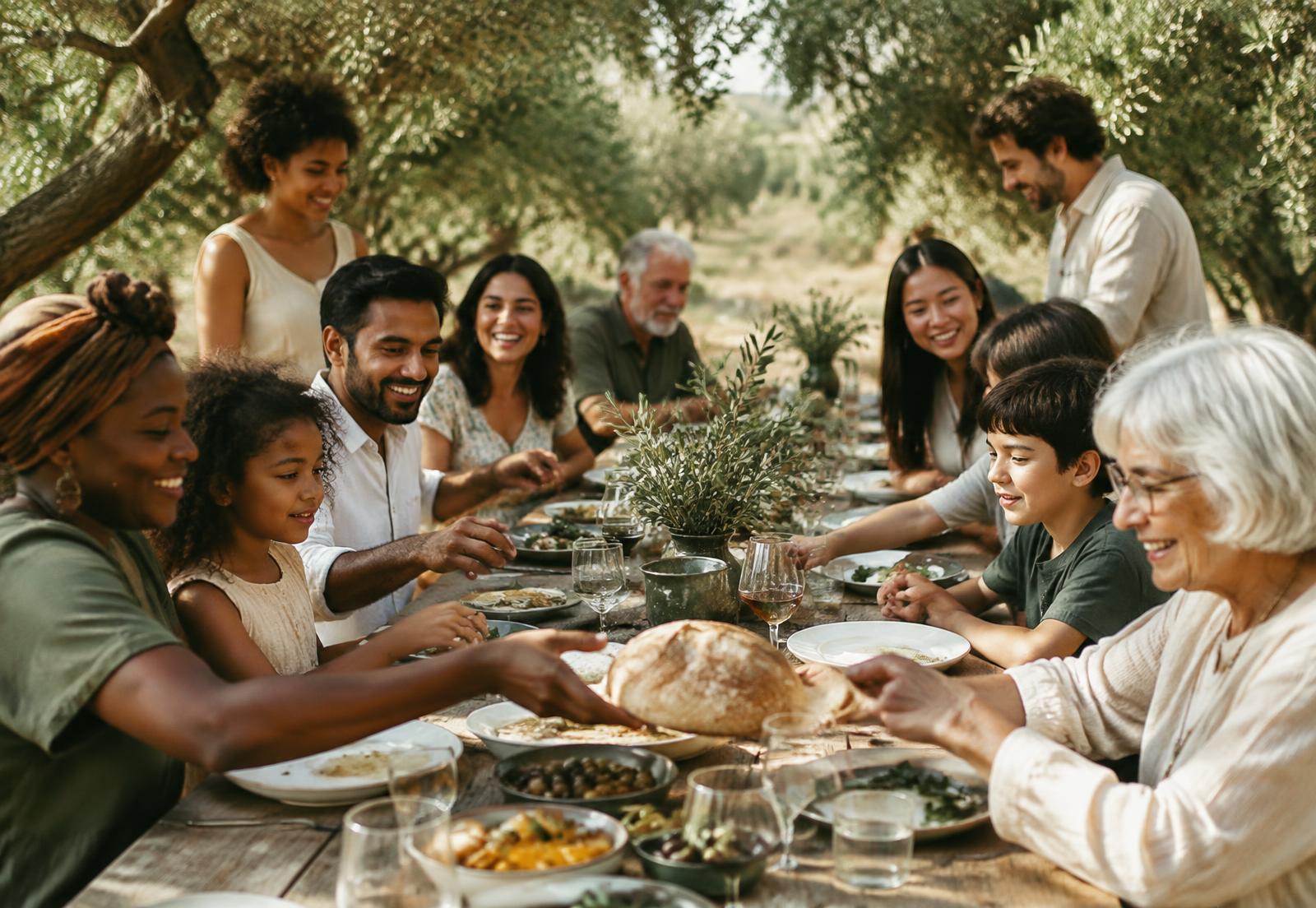 Friends and family of many backgrounds and ages sharing bread at a long table under olive trees
