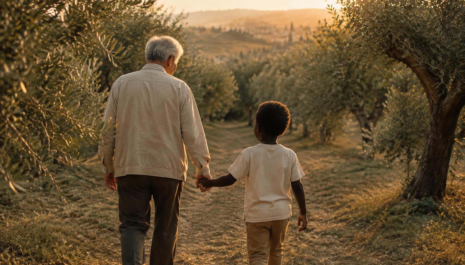 An old man and a young boy walking together through an olive grove